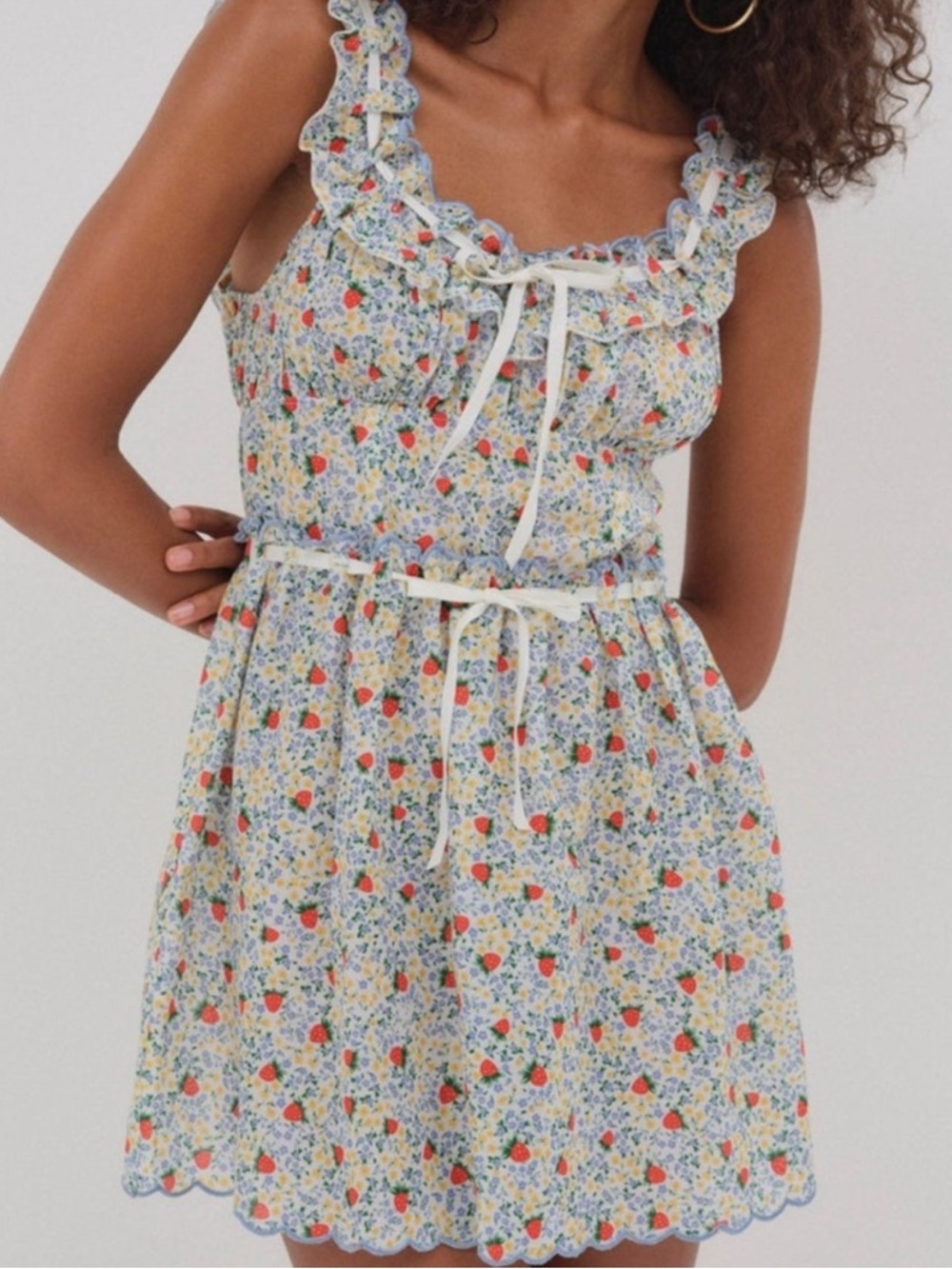 For Love & Lemons Strawberry Kiss Ruffled Floral Cotton Mini Dress, NWT, Size L